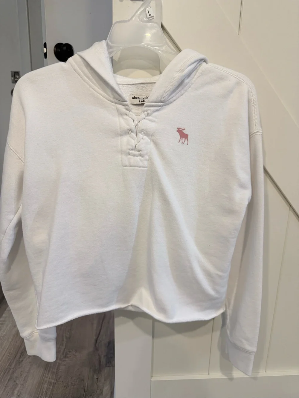 abercrombie kids White Crewneck Hooded Sweater with Pink Embroidered Logo